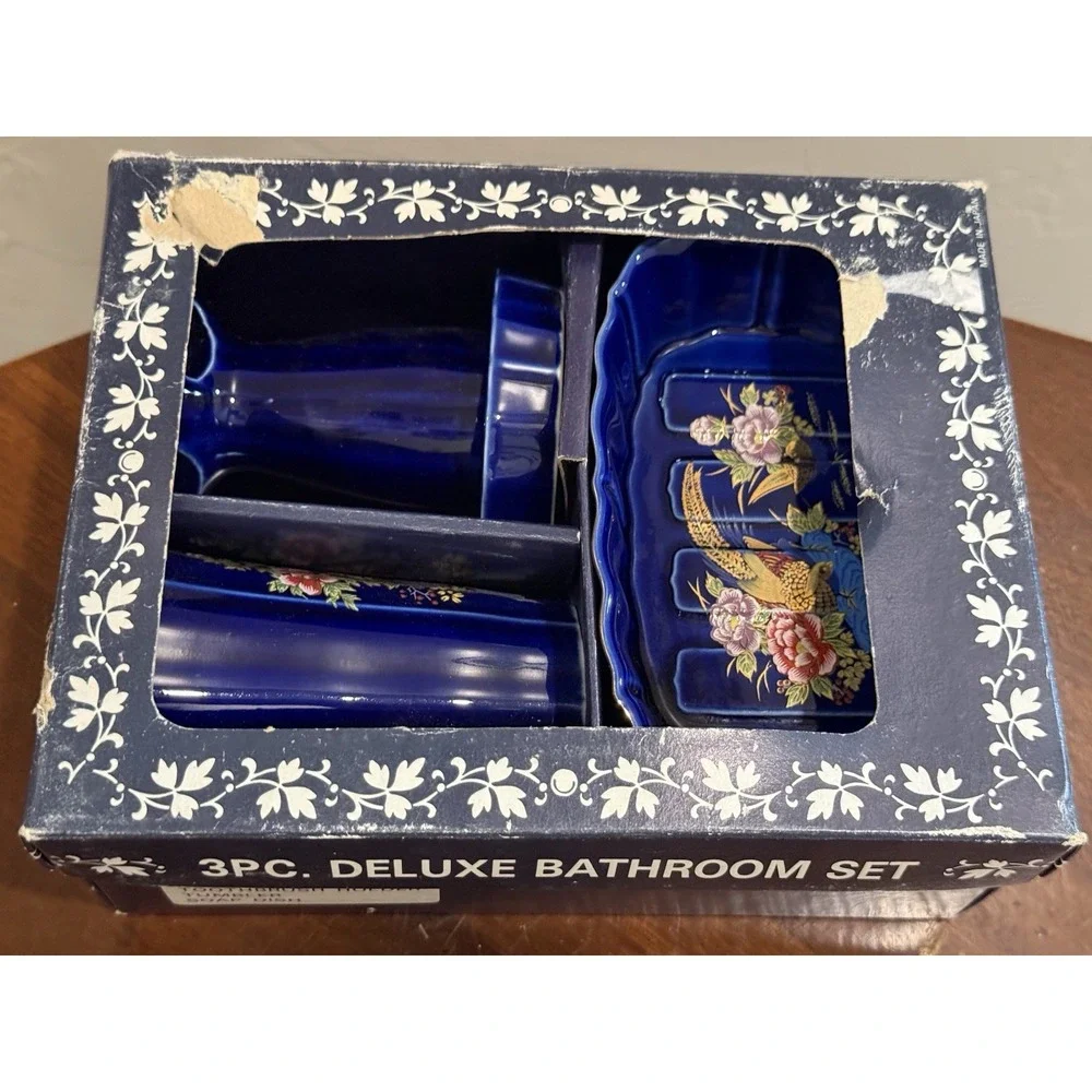 Vintage Kutani Japan Cobalt Blue Porcelain 3 Pc Deluxe Bathroom Vanity Set Box